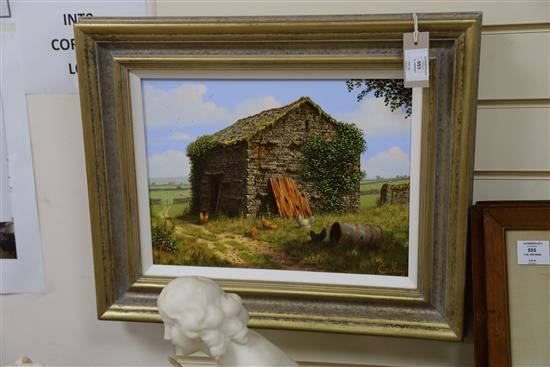 Edward Hersey (1948-), oil on canvas, Chickens beside a stone barn, signed, 29 x 39cm